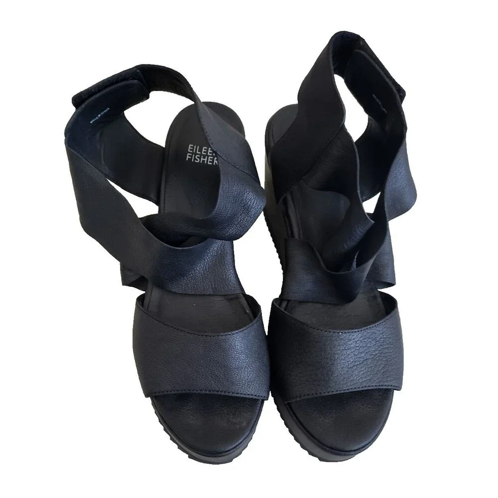 Eileen Fisher Whimsy Sandals Black Leather Almond Open Toe Platform Wedge Sz 8.5